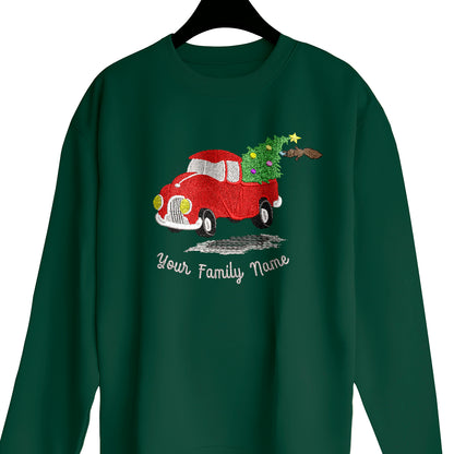 Custom Name Family Christmas Tree Truck Merry Christmas - Embroidered Sweatshirt, T-shirt, Hoodie