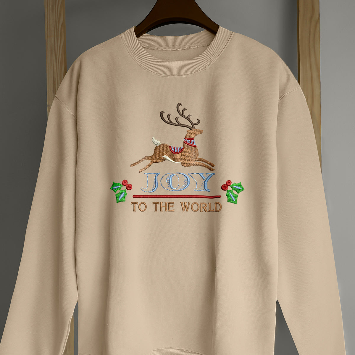 Deer Joy To The World Merry Christmas - Embroidered Sweatshirt, T-shirt, Hoodie