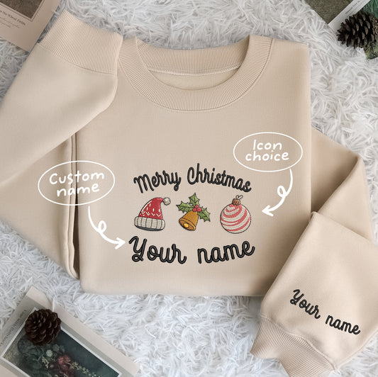 Custom Name Icon Noel Merry Christmas - Embroidered Sweatshirt, T-shirt, Hoodie