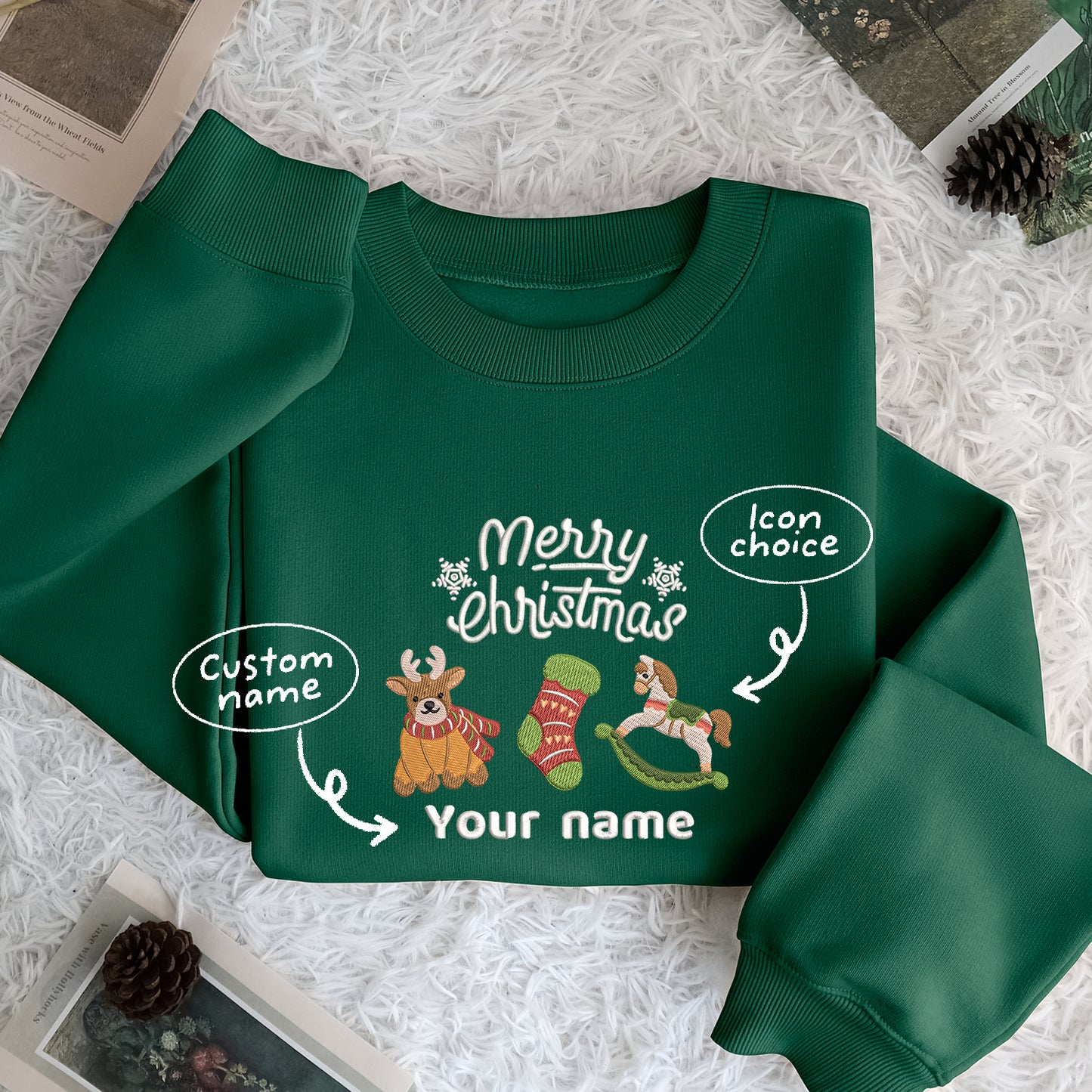 Custom Name Icon Noel Merry Christmas - Embroidered Sweatshirt, T-shirt, Hoodie 2