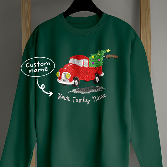 Custom Name Family Christmas Tree Truck Merry Christmas - Embroidered Sweatshirt, T-shirt, Hoodie