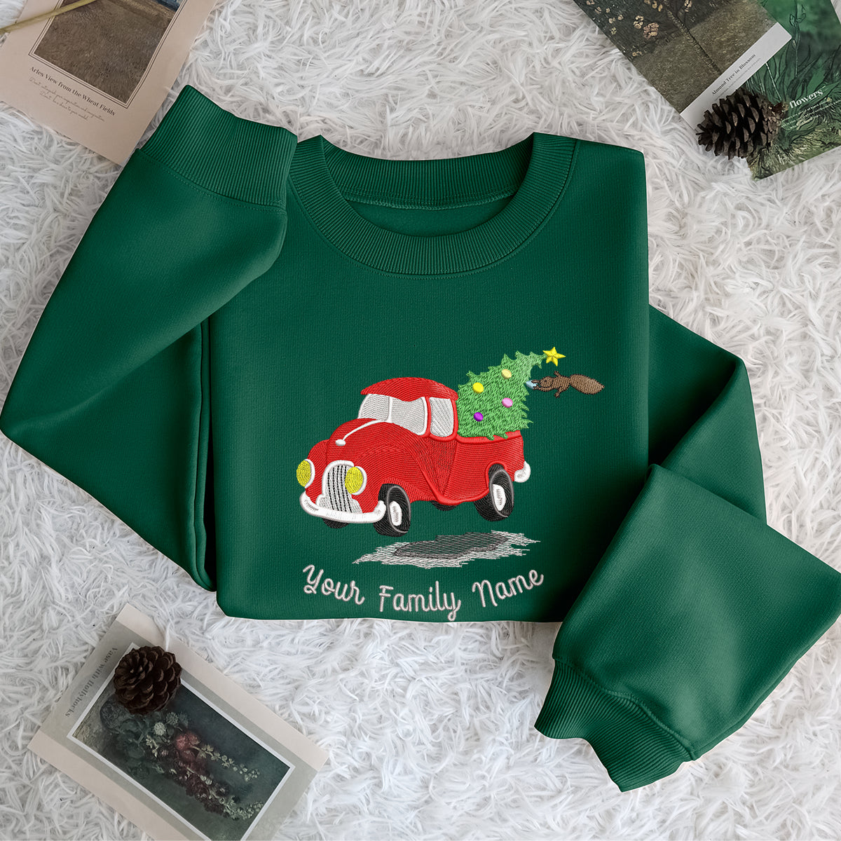 Custom Name Family Christmas Tree Truck Merry Christmas - Embroidered Sweatshirt, T-shirt, Hoodie