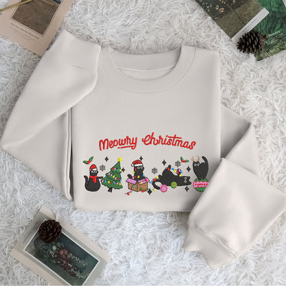 Black Cat Merry Christmas - Embroidered Sweatshirt, T-shirt, Hoodie