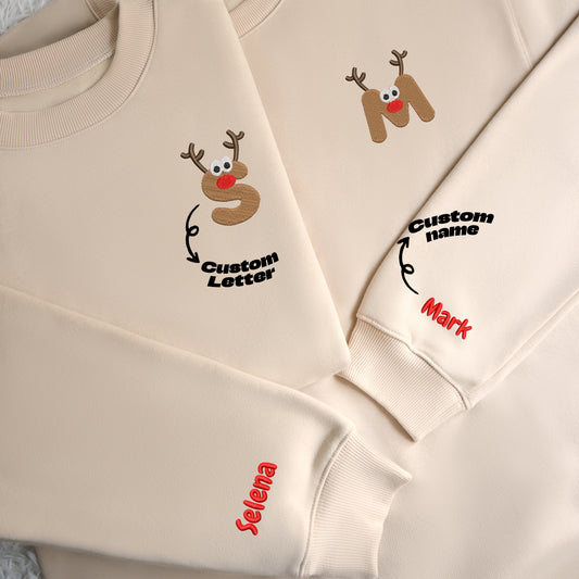 Custom Name Deer Letter Christmas - Embroidered Sweatshirt, T-shirt, Hoodie