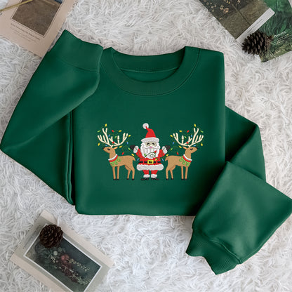 Deer And Santa Mery Christmas - Embroidered Sweatshirt, T-shirt, Hoodie