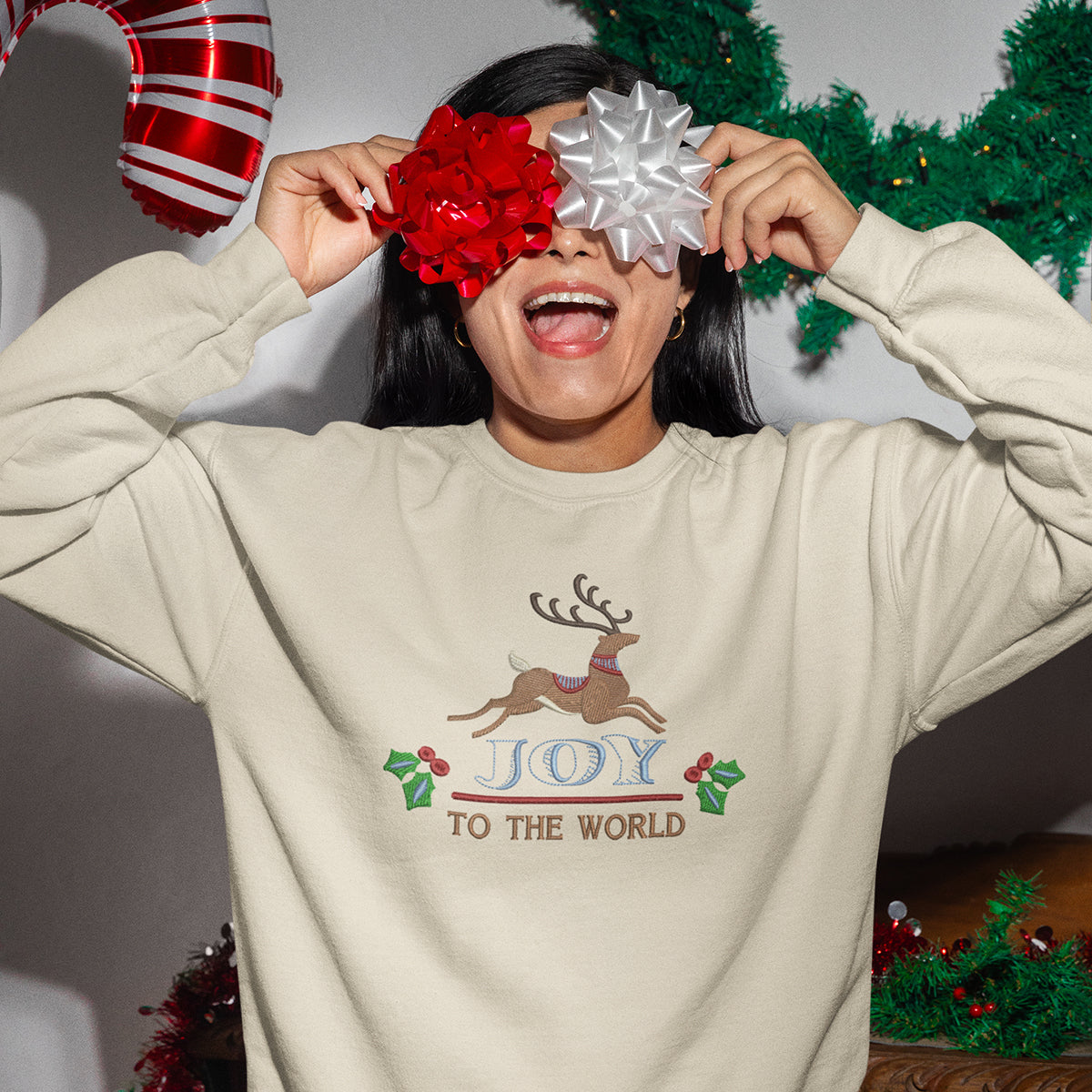 Deer Joy To The World Merry Christmas - Embroidered Sweatshirt, T-shirt, Hoodie