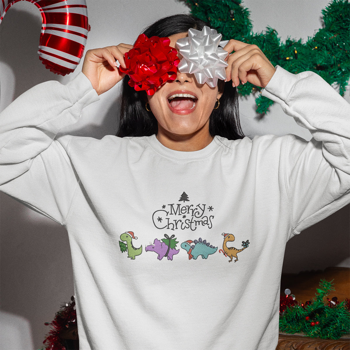 Dinosaurs Merry Christmas - Embroidered Sweatshirt, T-shirt, Hoodie