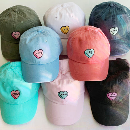 Baseball Hat - Conversation Hearts - As If Love Bad Bitch - Bye - Nah - Bored - WTF - Dad Hat Cap -Choose Color VSCO Valentine's Day Gift