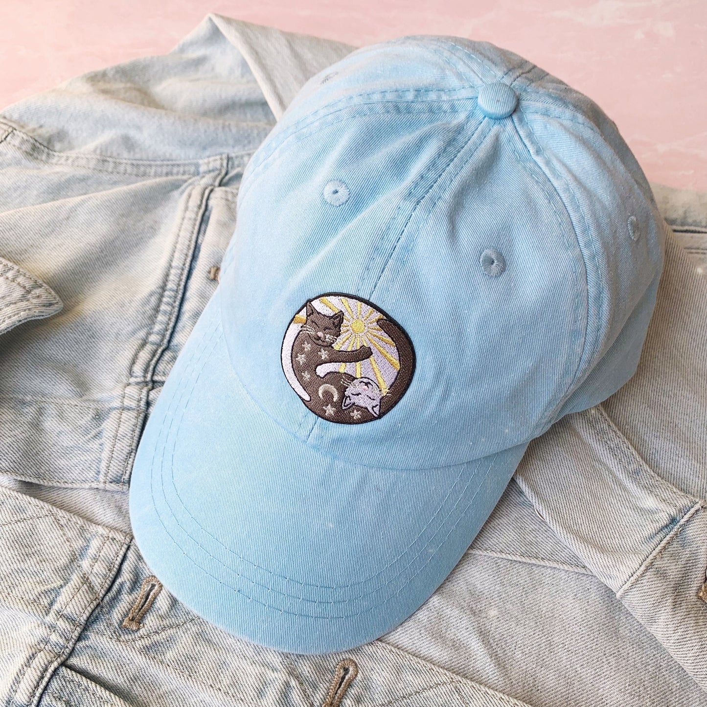 Yin Yang Cats Baseball Hat - Choice of Hat Color - Cuddly Cats - Sun and Moon - Baseball Cap - Embroidery - Wildflower + Co.