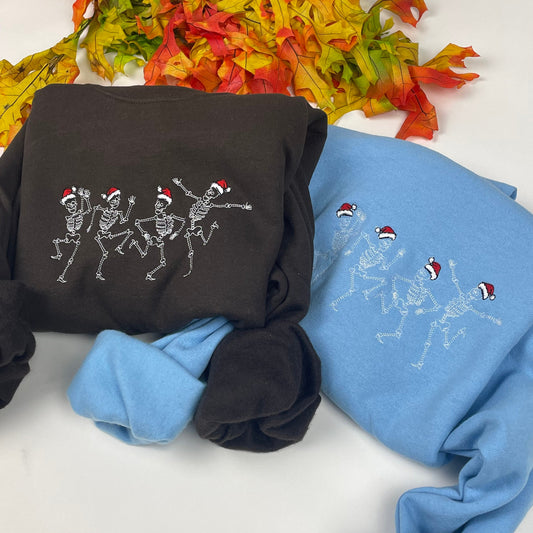 Embroidered Christmas  Crewneck- Christmas Crewneck Dancing Skeleton Sweatshirts- Embroidered Crewneck  Holiday Clothing