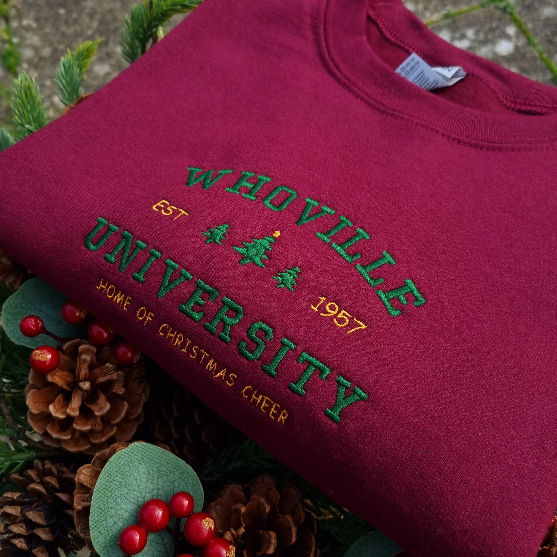 Whoville University Christmas Embroidered Sweatshirt, Christmas Crewneck, Christmas Sweater, Christmas Tshirt, Vintage Sweatshirt