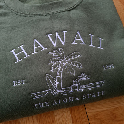 Hawaii Aloha State Embroidered Crewneck, Vintage Sweatshirt, Vintage Beach Crewneck, College Sweatshirt, Pacific Sweatshirt, Gift For Her