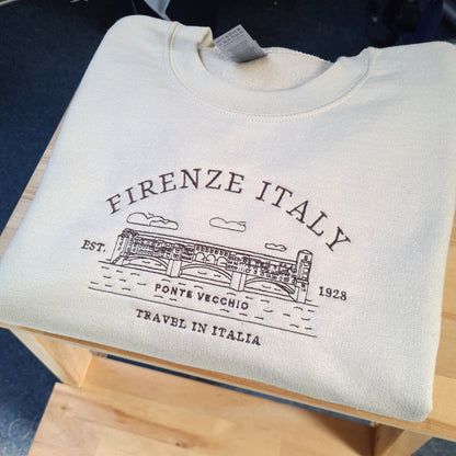 Firenze Italy Embroidered Sweatshirt, Ponte Vecchio Crewneck, Vintage Crewneck Location City, Embroidered Crewneck Gift For Her, Hoodie