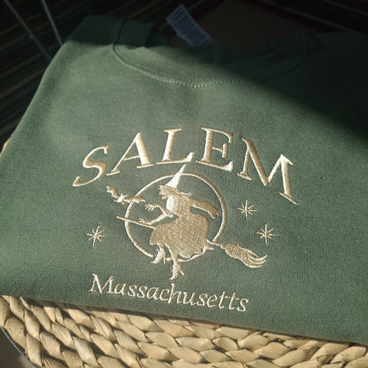 Salem Massachusetts Embroidered Crewneck, Halloween Sweatshirt, Flying Witch Crewneck, Vintage Sweatshirt, States Crewneck, Unisex