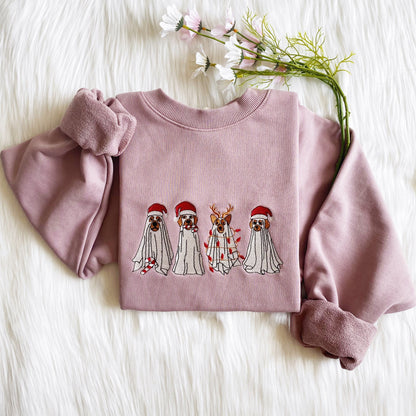 Christmas Ghost Dog Embroidered Sweatshirt | Christmas Embroidered Hoodie | Christmas Dog T-shirt | Cute Dog Crew Neck Sweatshirt