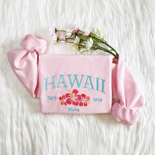 Hawaii Aloha State Embroidered Sweatshirt | Hawaii 1959 Embroidered Hoodie | Honolulu Sweater | Crew Neck Sweatshirt | Gift For Her