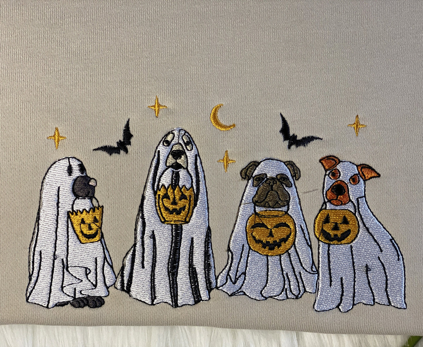 Halloween Ghost Dog Embroidered Sweatshirt | Dog With Pumpkin And Bat Embroidered Hoodie | Halloween Moon Sweater | Crew Neck Sweatshirt