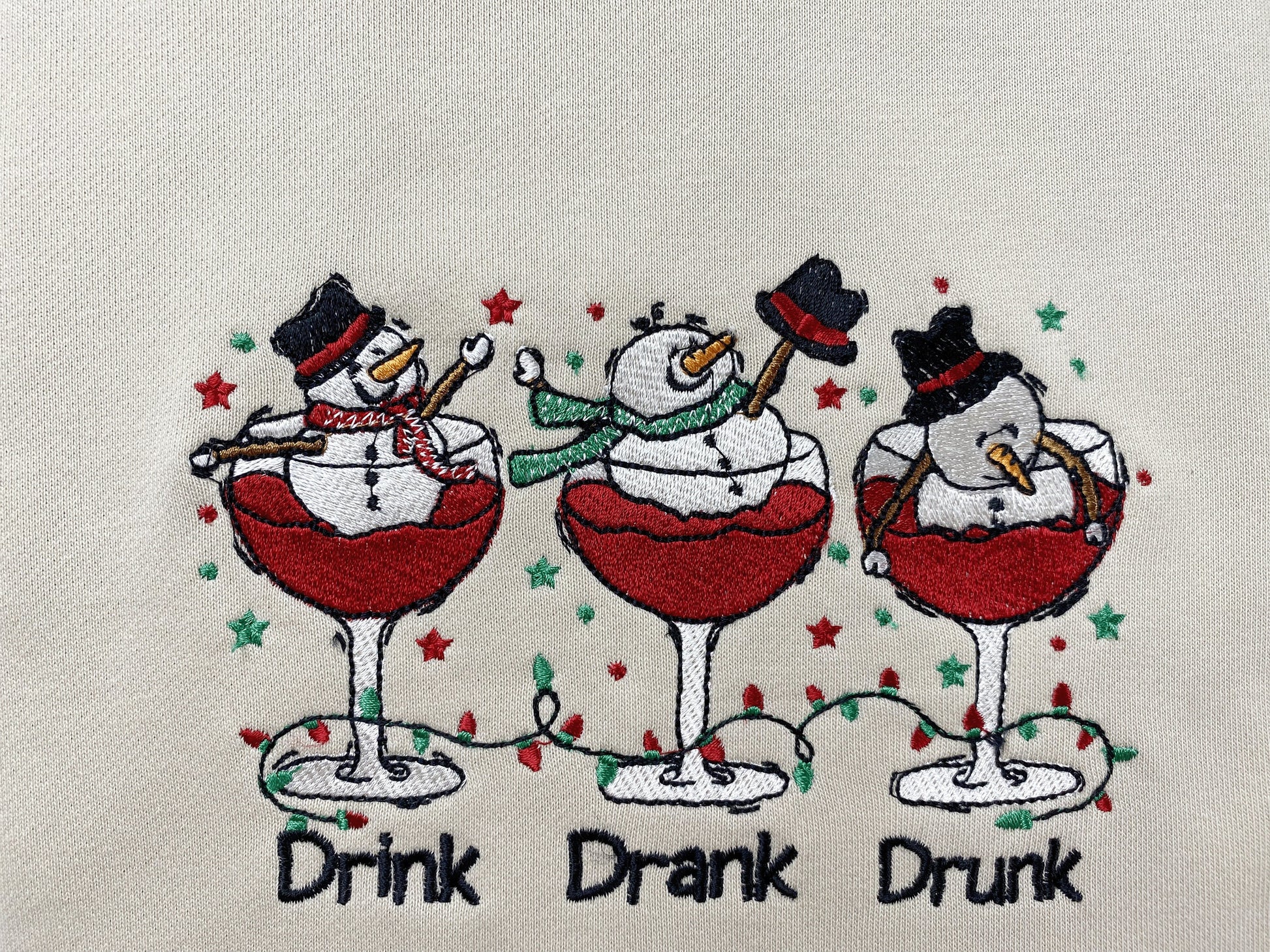 Snowman Drink Drank Drunk Christmas Embroidered Sweatshirt | Funny Christmas Embroidered Hoodie | Cute Christmas Crew Neck Sweatshirt