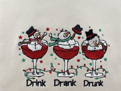 Snowman Drink Drank Drunk Christmas Embroidered Sweatshirt | Funny Christmas Embroidered Hoodie | Cute Christmas Crew Neck Sweatshirt