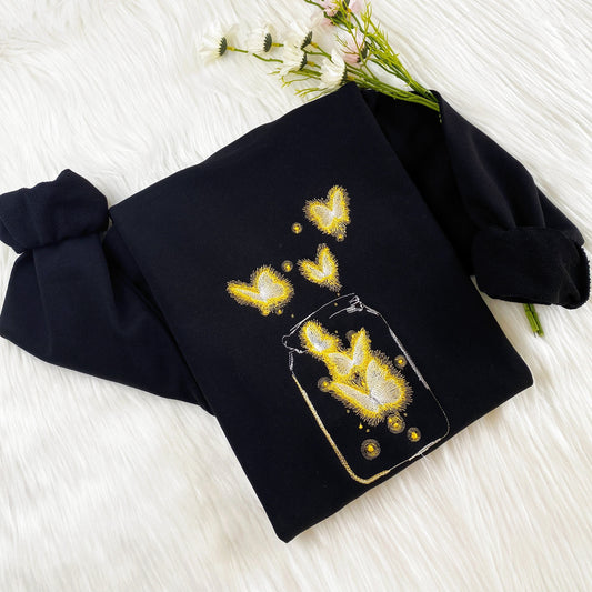 Magic Butterfly In Jar Embroidered Sweatshirt | Butterfly Embroidered Hoodie | Luminous Butterfly Sweater |Crew Neck Sweatshirt|Gift For Her