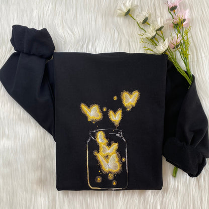 Magic Butterfly In Jar Embroidered Sweatshirt | Butterfly Embroidered Hoodie | Luminous Butterfly Sweater |Crew Neck Sweatshirt|Gift For Her