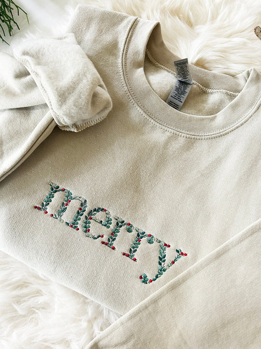 Embroidered Floral Merry Christmas Sweatshirt, Embroidered Christmas Crewneck Sweatshirt, Embroidered Floral Sweater, Custom Xmas Gift