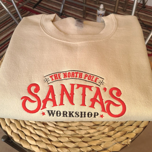 Santa Workshop Embroidered Christmas Sweatshirt, Christmas Jumper, Vintage Christmas Crewneck, Embroidered Sweatshirt, Christmas Gift Unisex