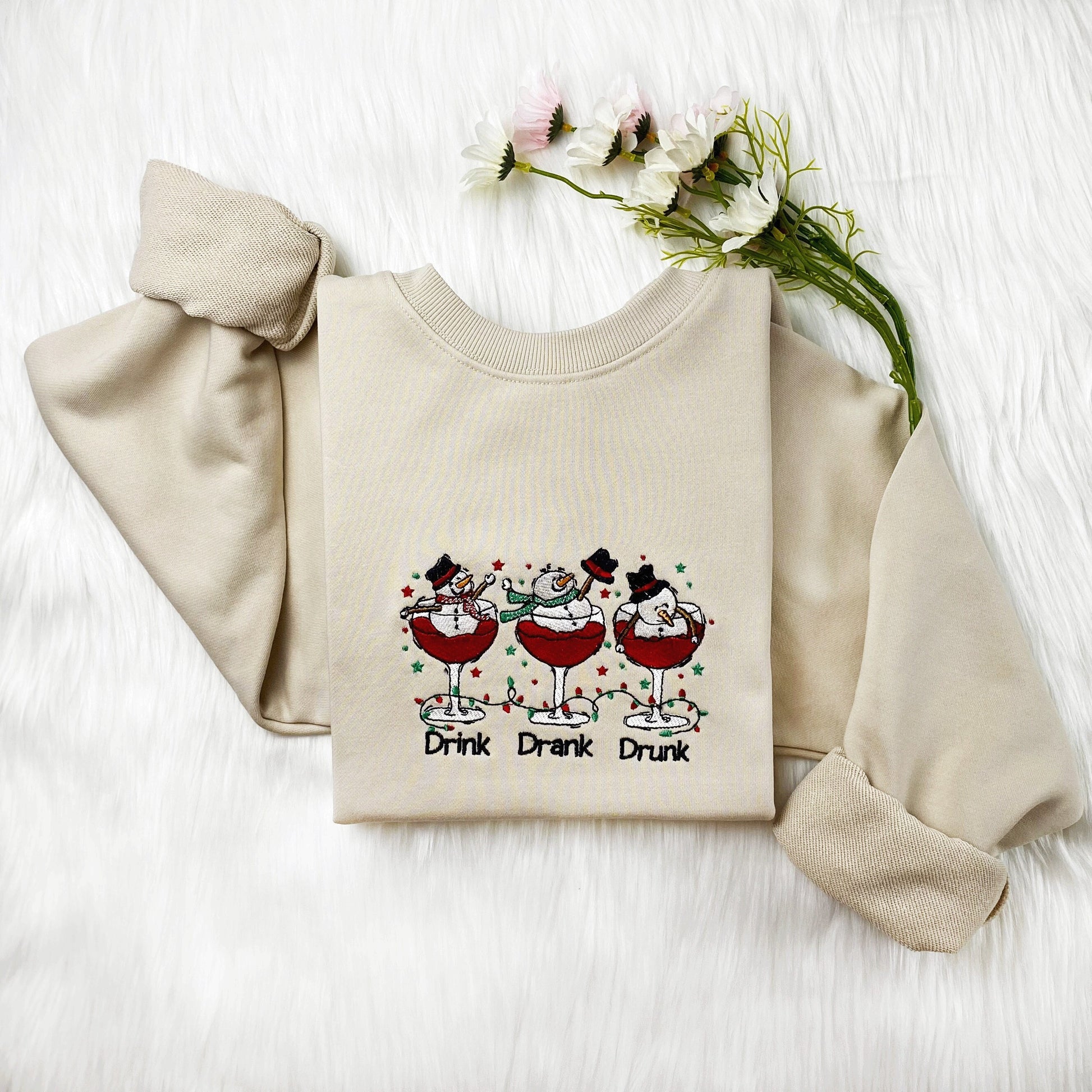 Snowman Drink Drank Drunk Christmas Embroidered Sweatshirt | Funny Christmas Embroidered Hoodie | Cute Christmas Crew Neck Sweatshirt