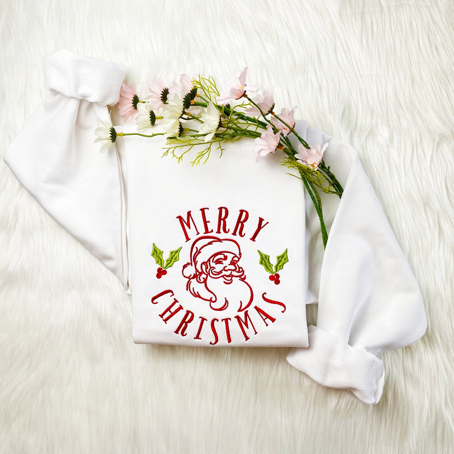 Vintage Santa  Christmas Embroidered Sweatshirt | Merry Christmas Embroidered Hoodie | Christmas Crew Neck Sweatshirt