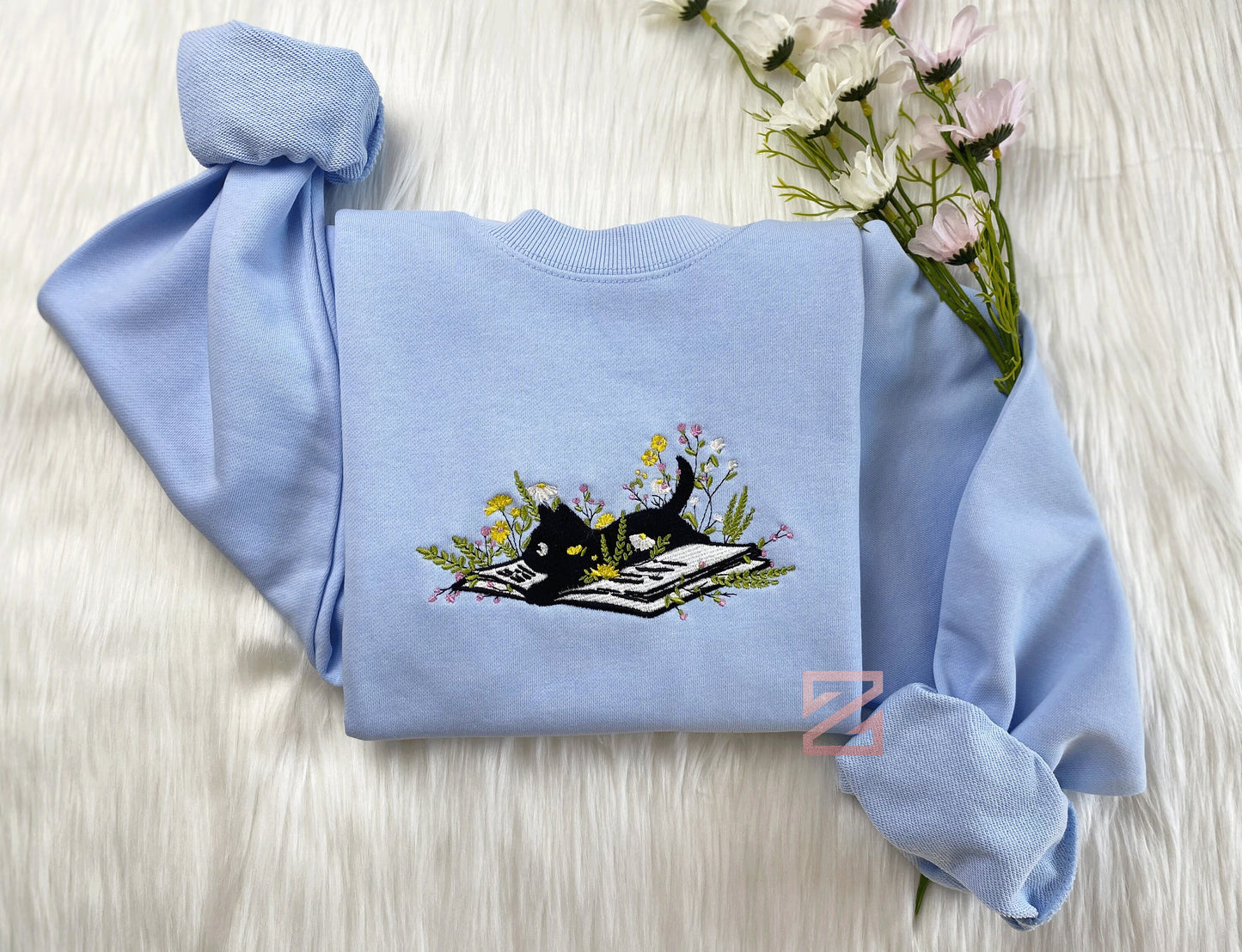 Cute Cat Lying On Book With Flower Embroidered Sweatshirt | Flower With Cat Embroidered Hoodie | Book Lover T-shirt | Crew Neck Sweatshirt