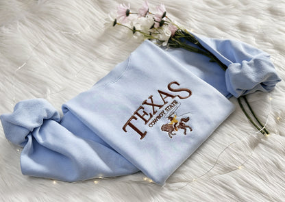 Texas Cowboy State Embroidered Sweatshirt | Texas State Embroidered Hoodie | Vintage Western Sweater | Texas Crew Neck Sweatshirt