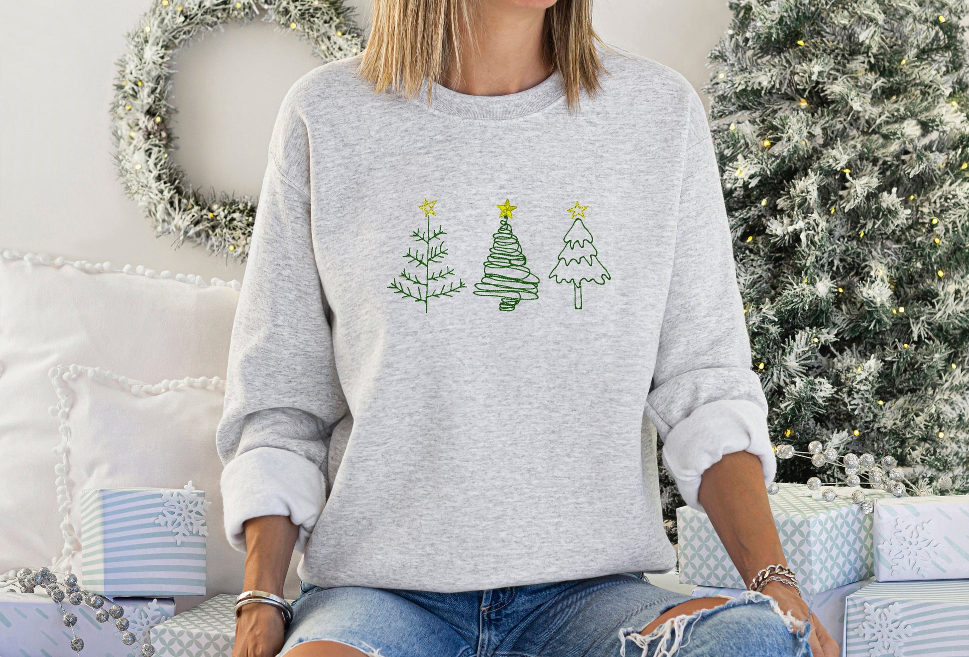 Embroidered Christmas Crewneck, Holiday Crewneck, Embroidered Christmas Sweatshirt, Holiday Sweatshirt, Merry and Bright Sweater