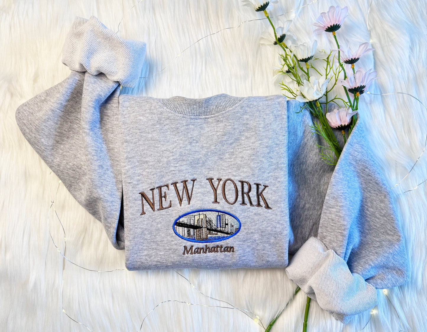 New York State Embroidered Sweatshirt | Manhattan Embroidered Hoodie | Manhattan Bridge Sweater | Embroidered State Crew Neck Sweatshirt