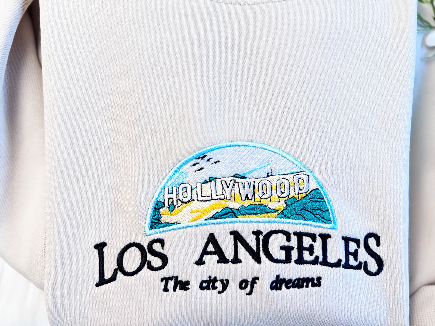 Hollywood Los Angeles  Embroidered Sweatshirt | Los Angeles Embroidered Hoodie | Embroidered HollyWood Sweatshirt | Crew Neck Sweatshirt