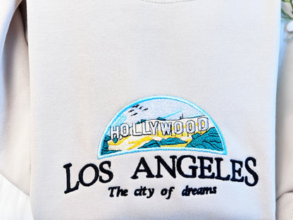 Hollywood Los Angeles  Embroidered Sweatshirt | Los Angeles Embroidered Hoodie | Embroidered HollyWood Sweatshirt | Crew Neck Sweatshirt