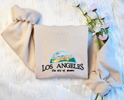 Hollywood Los Angeles  Embroidered Sweatshirt | Los Angeles Embroidered Hoodie | Embroidered HollyWood Sweatshirt | Crew Neck Sweatshirt