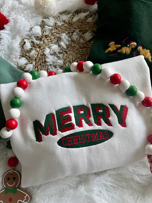 EMBROIDERED MERRY CHRISTMAS Sweatshirt Block Letter Duo Tone Sweatshirt Merry Crewneck Gifts for Friends Gifts for Coworker Embroidered Gift