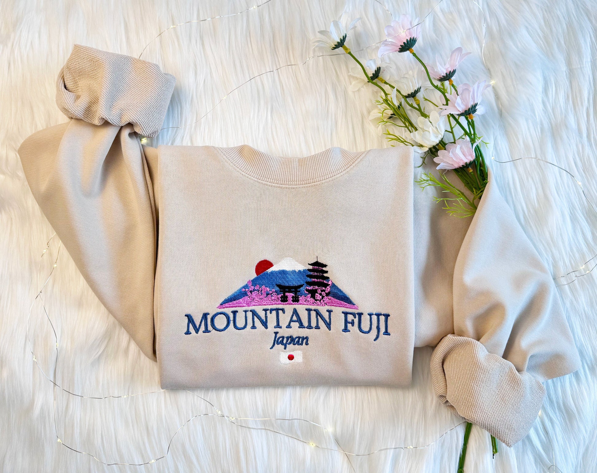 Japanese Fuji Mountain Embroidered Sweatshirt | Mountain Fuji Embroidered Hoodie | Japanese Sakura Sweater | Blossom Crew Neck Sweatshirt