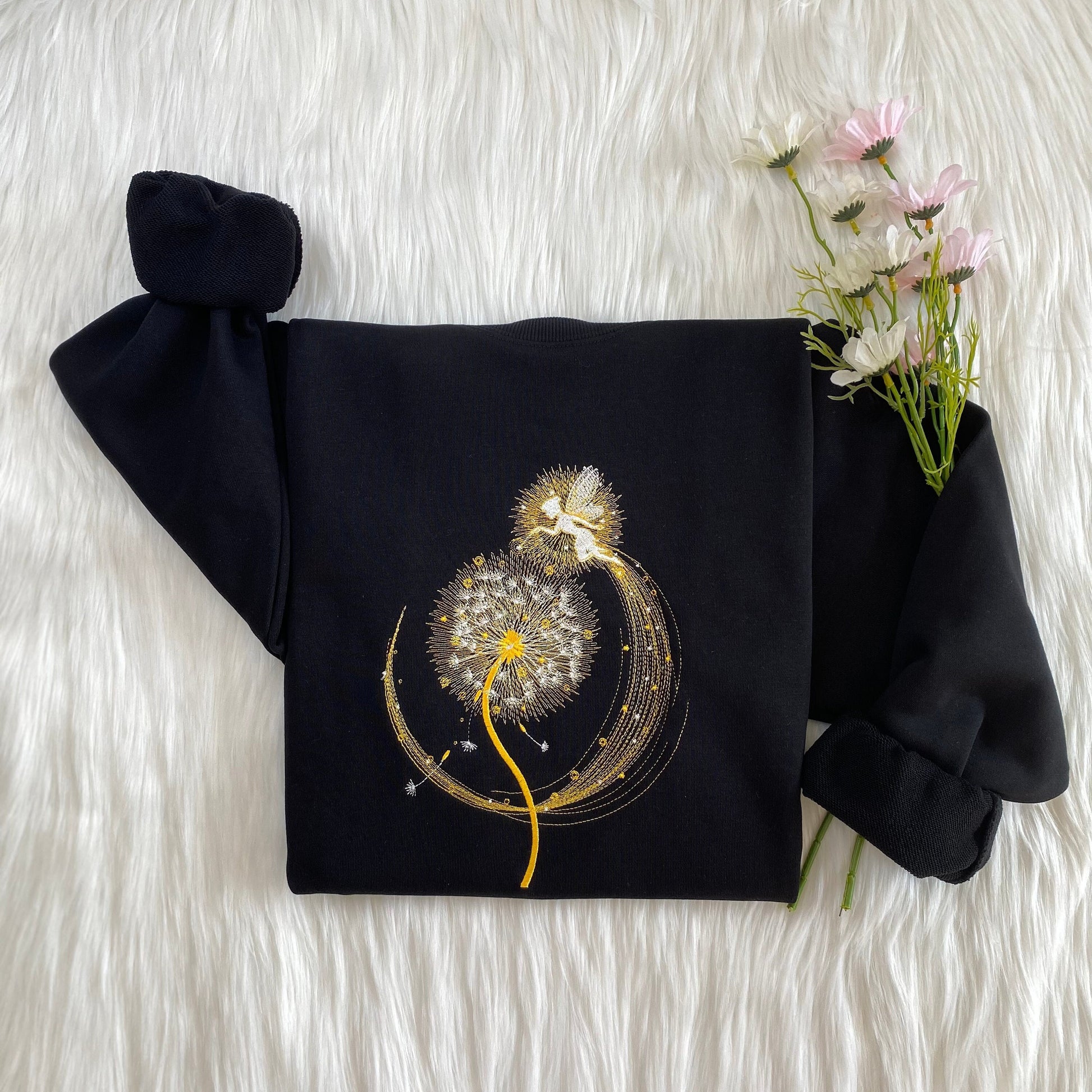 Magic Fairy With Dandelion Embroidered Sweatshirt | Luminous Fairy Embroidered Hoodie | Christmas Sweater | Crew Neck Sweatshirt