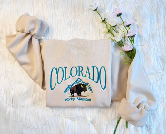 Colorado Mountain Embroidered Sweatshirt | Colorado Bison Embroidered Hoodie | Embroidered Colorado Sweatshirt | Crew Neck Sweatshirt