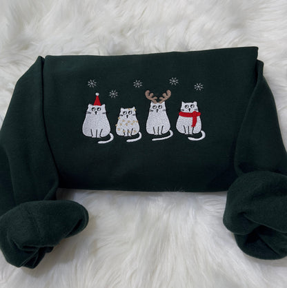 Christmas Winter Cats Embroidered Sweatshirt/ Hoodie, Christmas embroidered sweatshirt