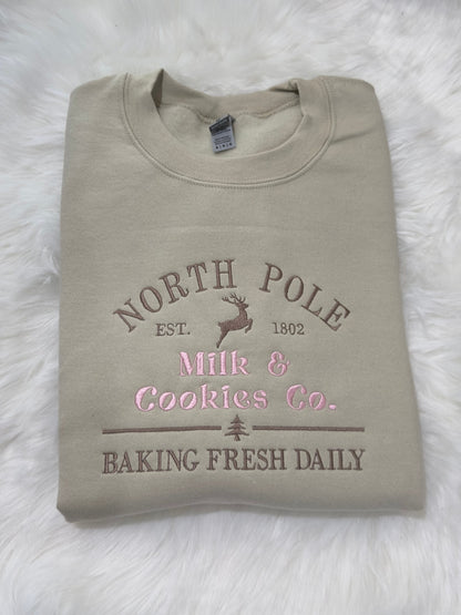 North Pole Milk & Cookies Co. sweatshirt/hoodie embroidered, Christmas embroidered sweatshirt, Vintage Christmas sweatshirt