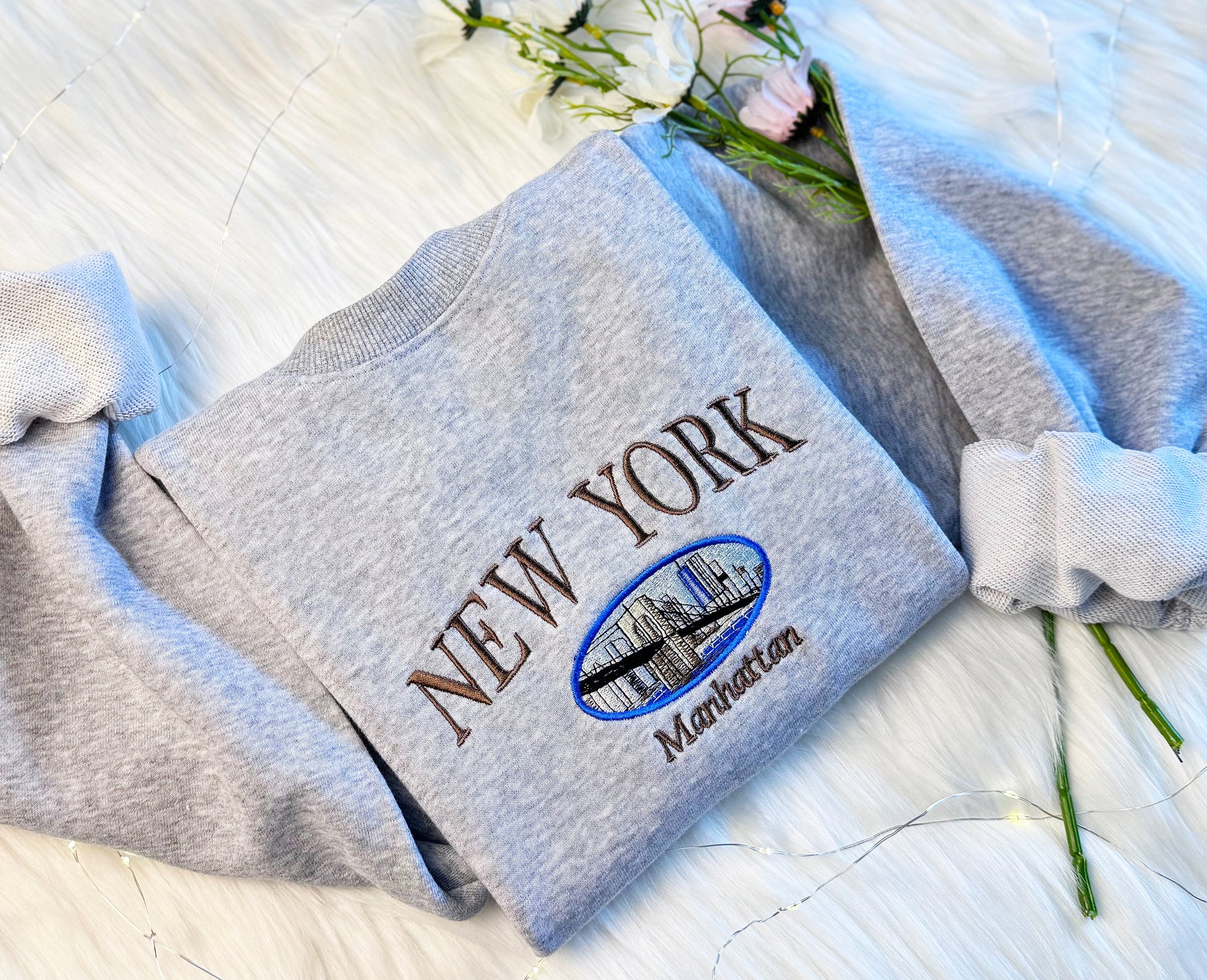 New York State Embroidered Sweatshirt | Manhattan Embroidered Hoodie | Manhattan Bridge Sweater | Embroidered State Crew Neck Sweatshirt