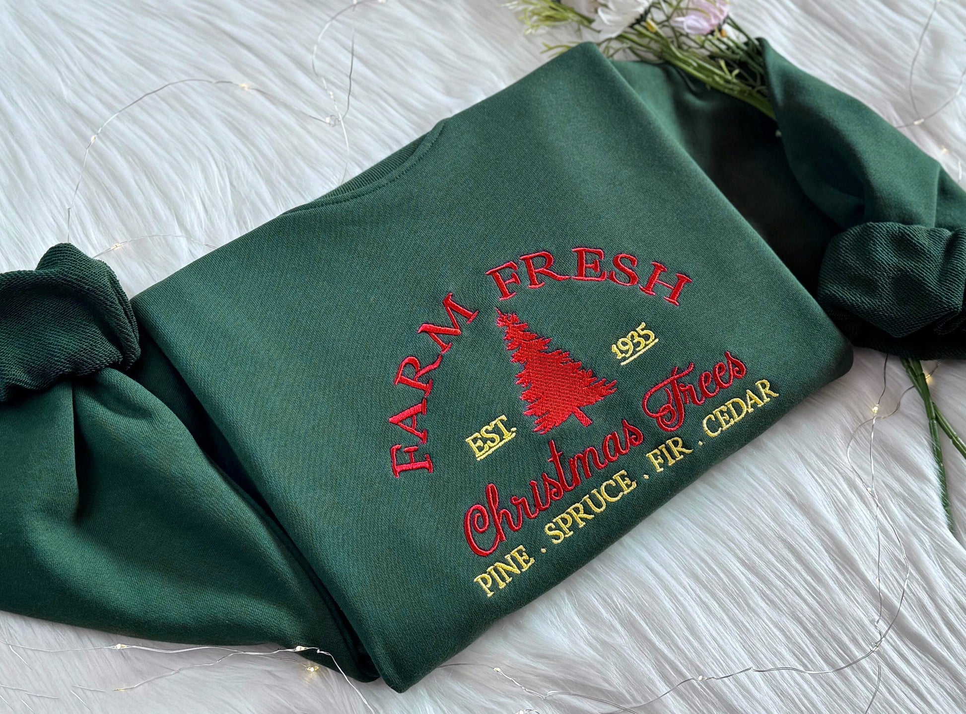 Farm Fresh Embroidered Sweatshirt | Christmas Trees Embroidered Hoodie | Pine. Spruce. Fir. Ceder Sweater | Crew Neck Sweatshirt