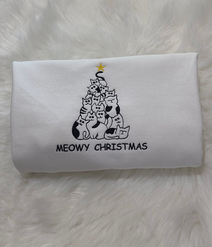 Meowy Christmas Outline Embroidered Sweatshirt/ Hoodie, Christmas cats embroidered sweatshirt