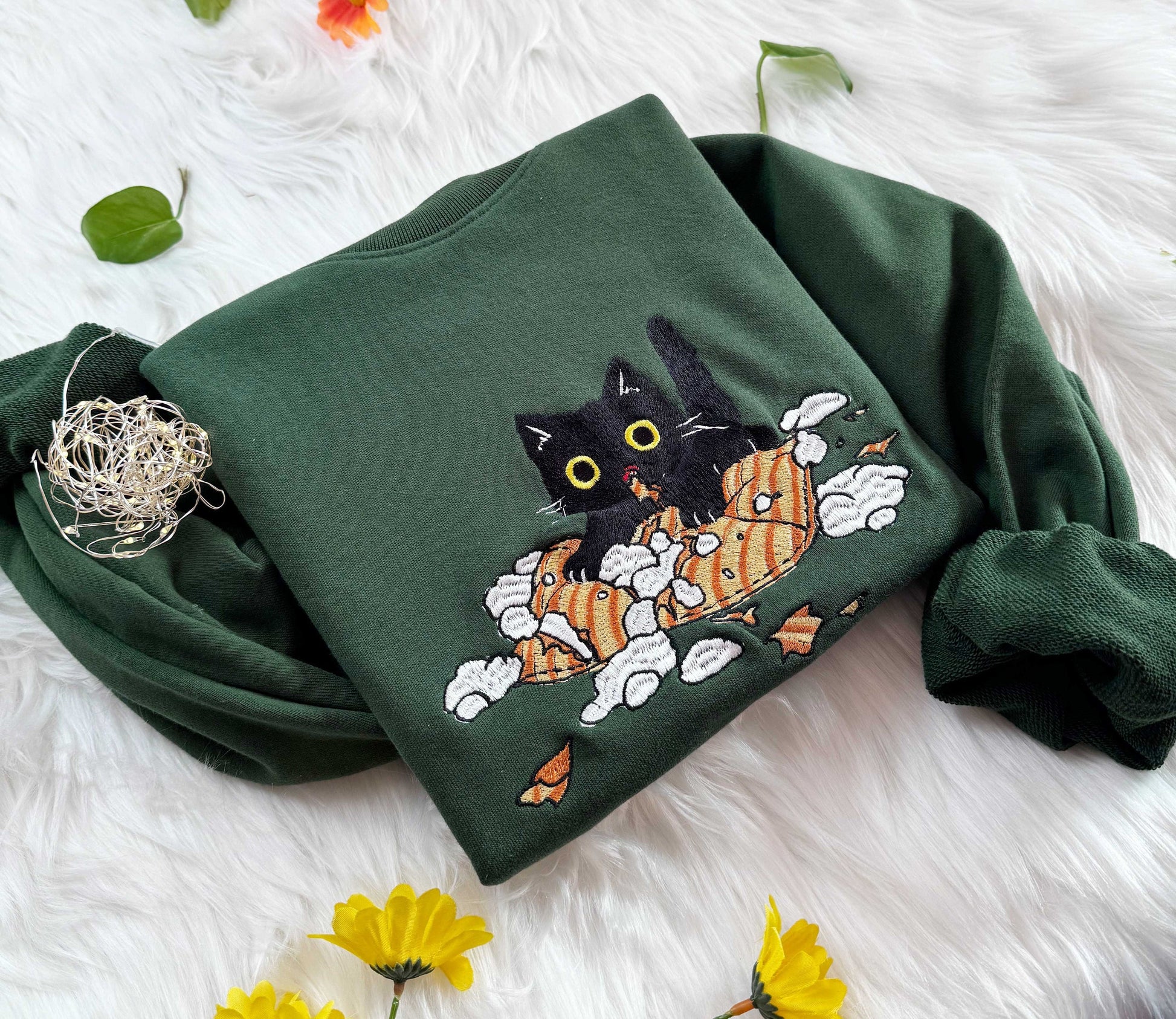 Embroidered Cat Play Pillow Sweatshirt | Cute Cat Embroidered Hoodie | Embroidery Cat T-shirt | Embroidered Cute Cat Crew Neck Sweatshirt