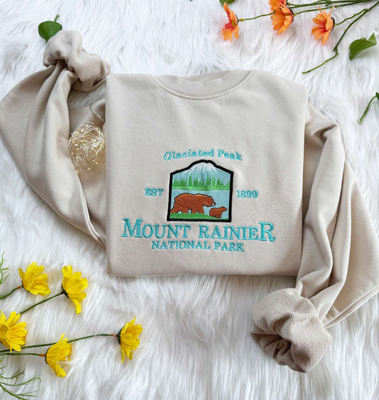 Embroidered Mount Rainier NationalPark Sweatshirt, Glaciated Peak Embroidered Hoodie, Embroidered Washington T-shirt, Crew Neck Sweatshirt