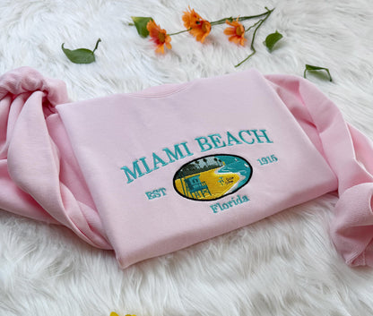 Embroidered Miami Beach Sweatshirt, Florida Embroidered Hoodie, Embroidered Miami, Embroidered State Crew Neck Sweatshirt, T-shirt, Hoodie