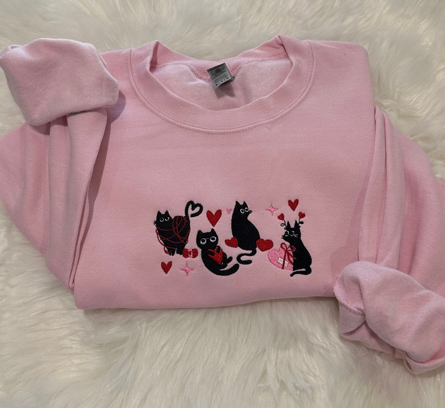 Valentines black Cats Embroidered sweatshirt, Valentine Embroidered crewneck, Valentine's Day sweatshirt, Cat Love Embroidered