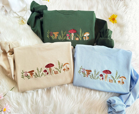 Embroidered Mushroom Sweatshirt | Botany Embroidered Hoodie | Cottage Core Embroidery T-shirt | Embroidered Mushroom Crew Neck Sweatshirt